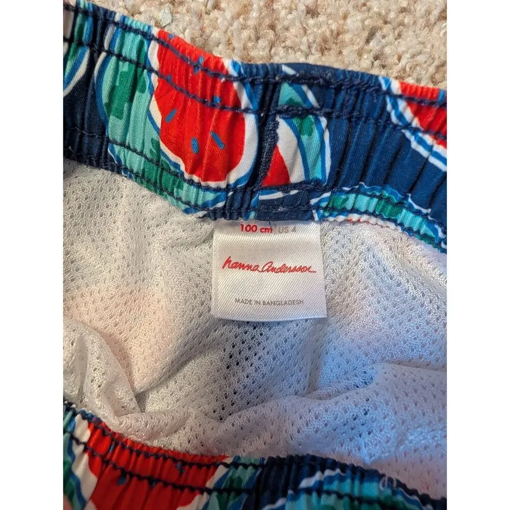 Hanna Andersson Boys Blue Watermelon Print Swim Trunks Mesh Lined Shorts Size 4